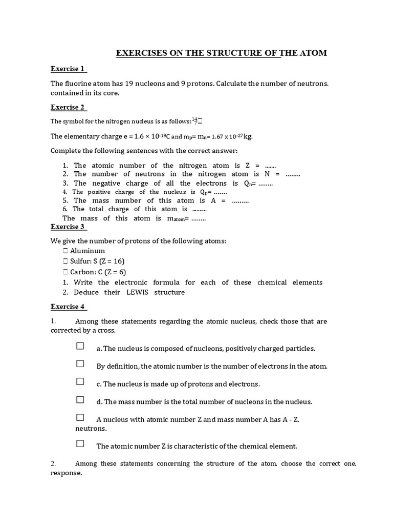 Atom Structure Exercises and Calculations | PDF | Atomic Nucleus | Atoms