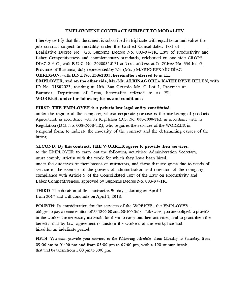 Work Contract Model Subject To Modality - Remype | PDF | Employment ...