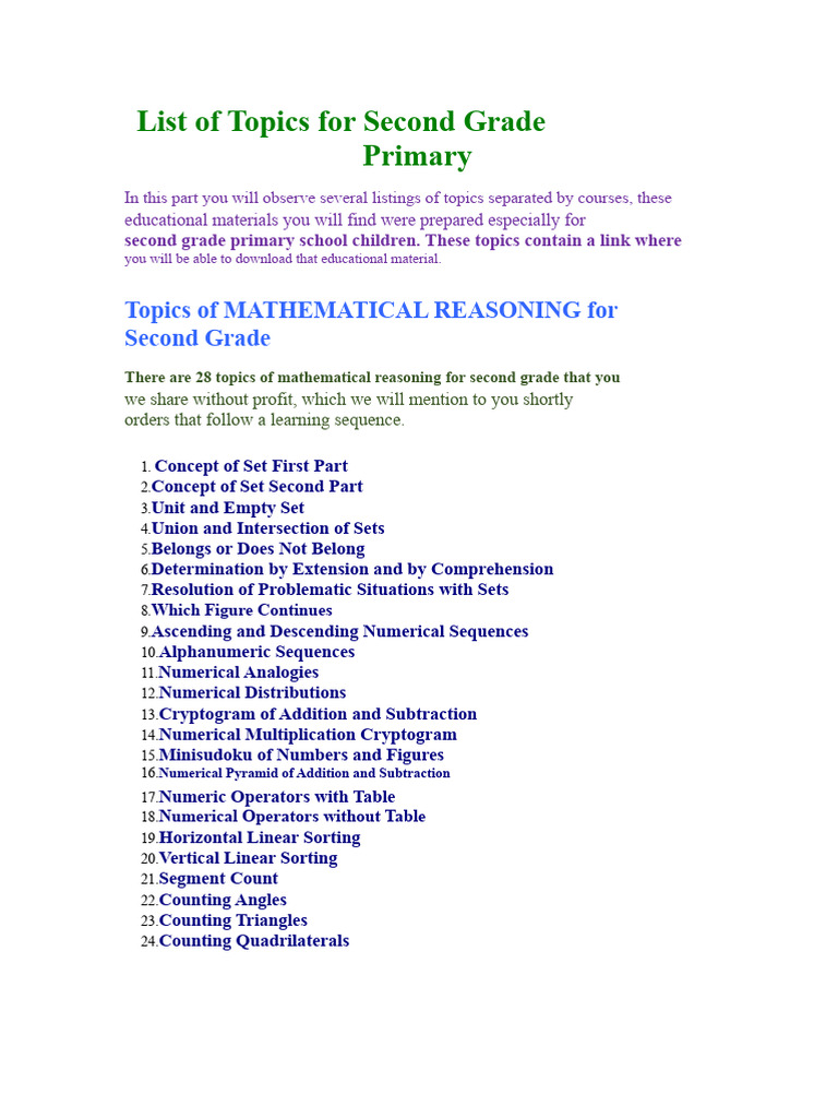 List of Topics For Second Grade of Elementary School | PDF | Line ...