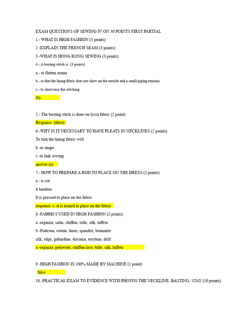 First Partial Exam Questions Sewing Iv Tecsu | PDF