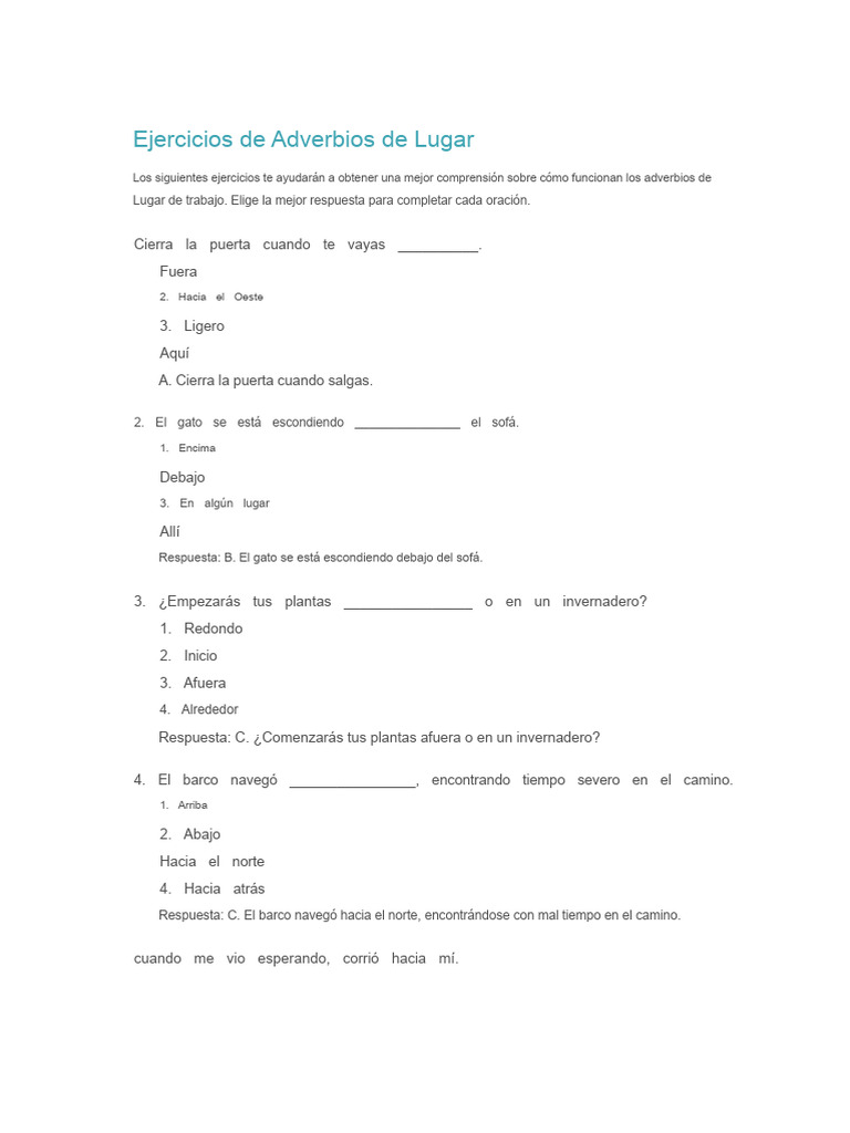 Ejercicios sobre Adverbios de Lugar | PDF | Adverbio | Lingüística