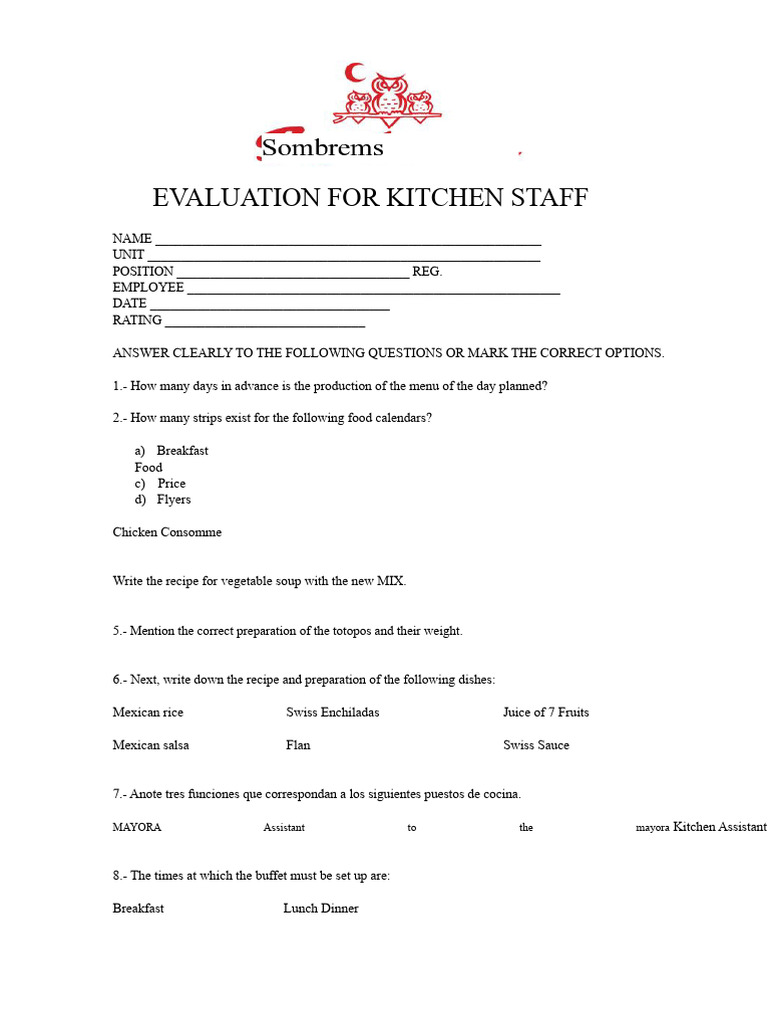 Kitchen Staff Evaluation Checklist | PDF | Cooking | Cuisine