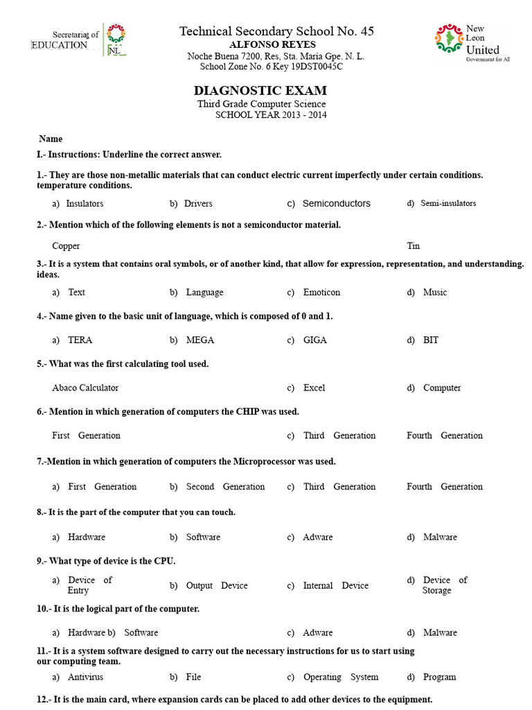Third Grade Computer Science Exam | PDF | Microsoft Windows | Office ...