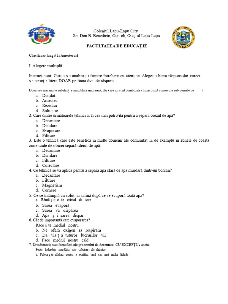 Educ 8 Activitatea 1 Test Creat de Predautor | PDF
