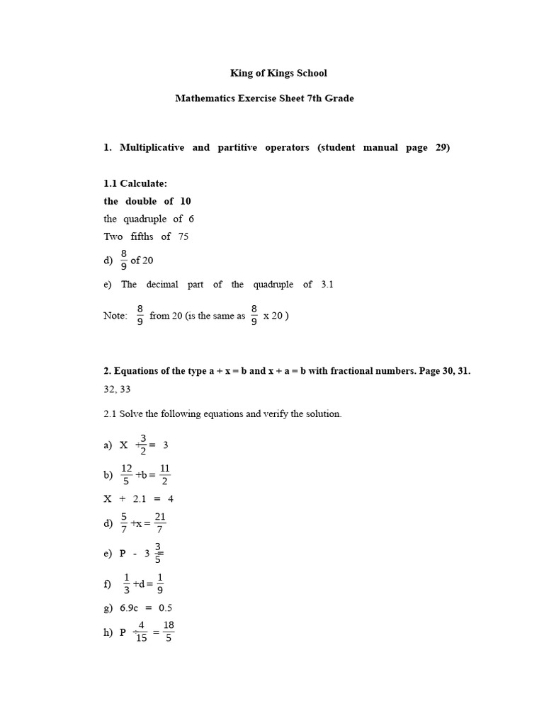 7th Grade Math Exercise Sheet | PDF | Numbers | Equations