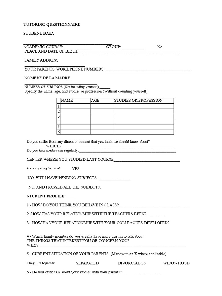 Student Tutoring Questionnaire Form | PDF | Chess Theory