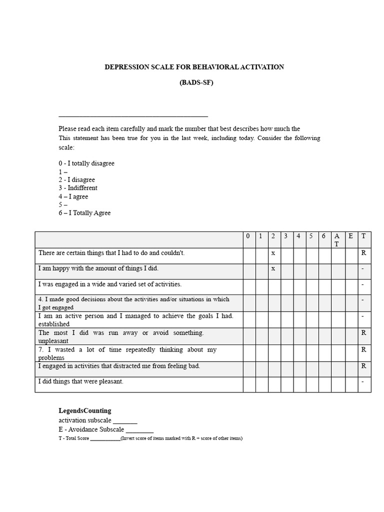 BADS-SF Depression Assessment Tool | PDF