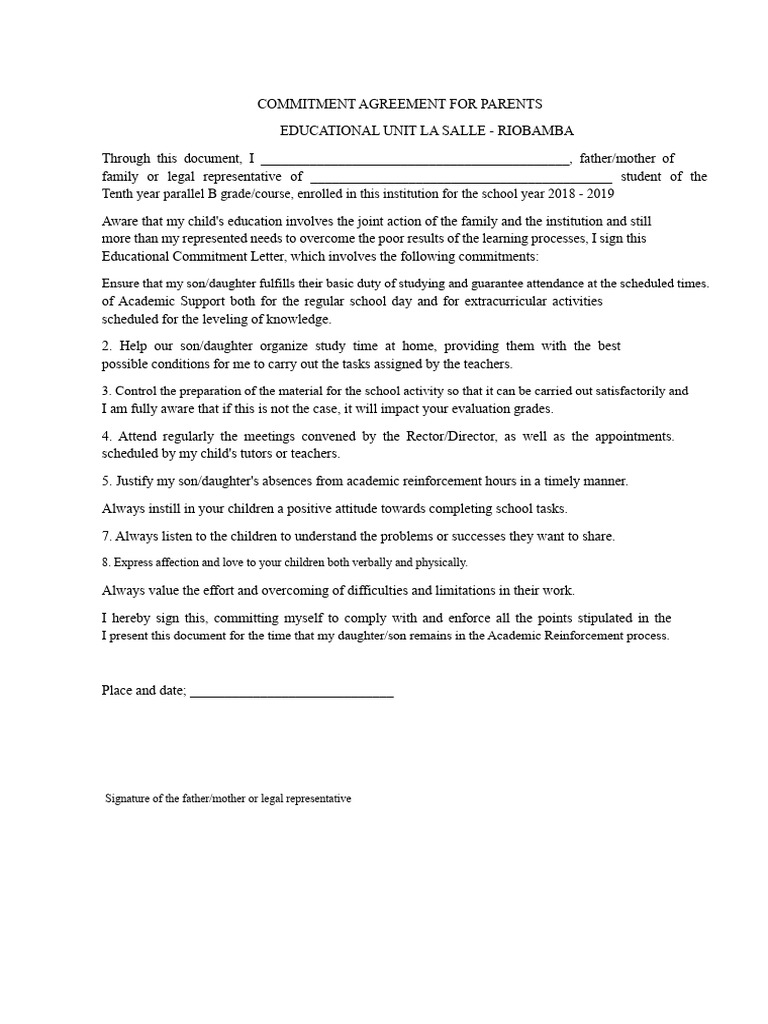Parent Commitment Agreement for Education | PDF