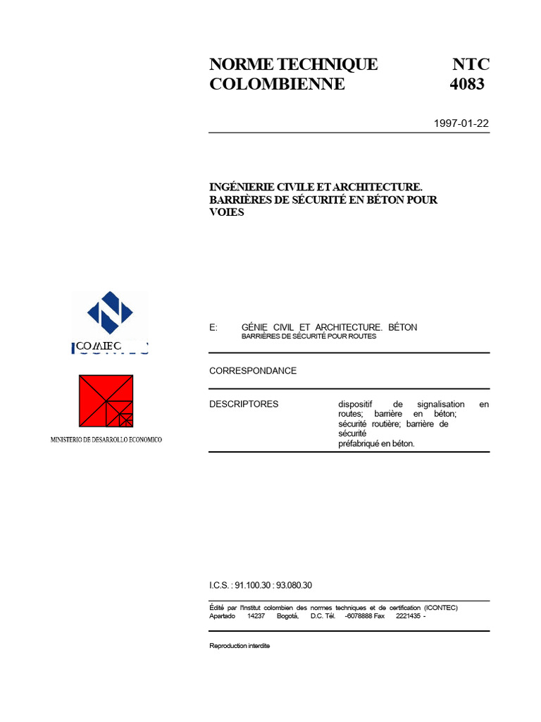 Barrières de sécurité en béton NTC 4083 | PDF | Béton | Ciment