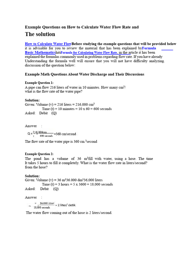 Calculate Water Flow Rate Examples | PDF | Discharge (Hydrology) | Volume