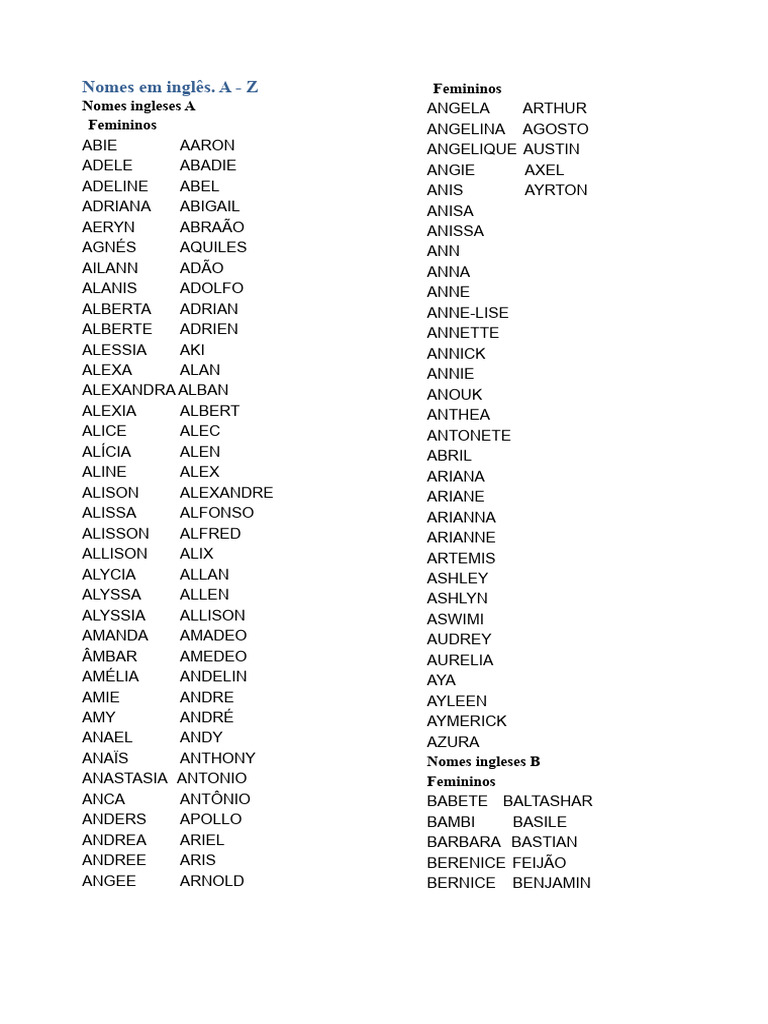 Lista de Nomes em Inglês A-Z | PDF