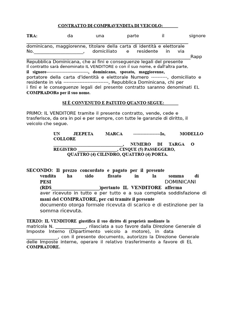 Contratto Di Compravendita Di Veicolo | PDF