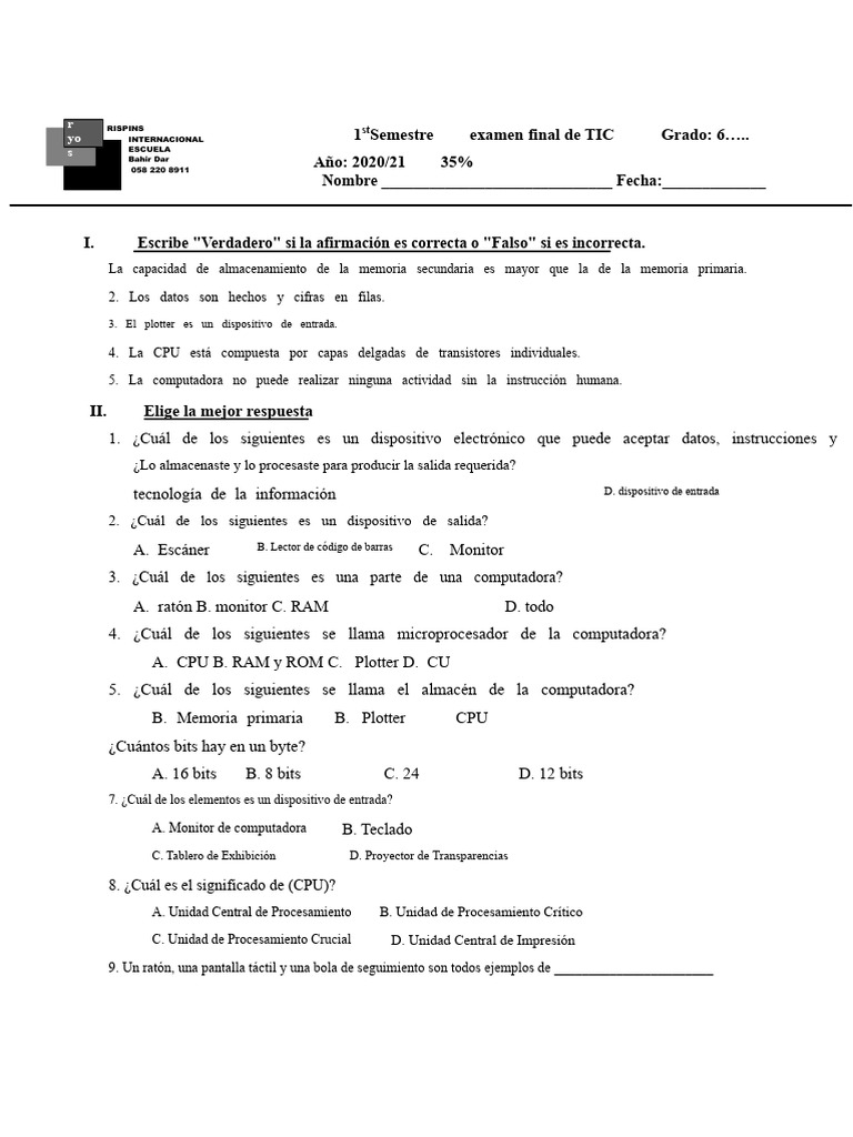 Examen Final de TIC - Grado 6 | PDF | Hardware de la computadora ...