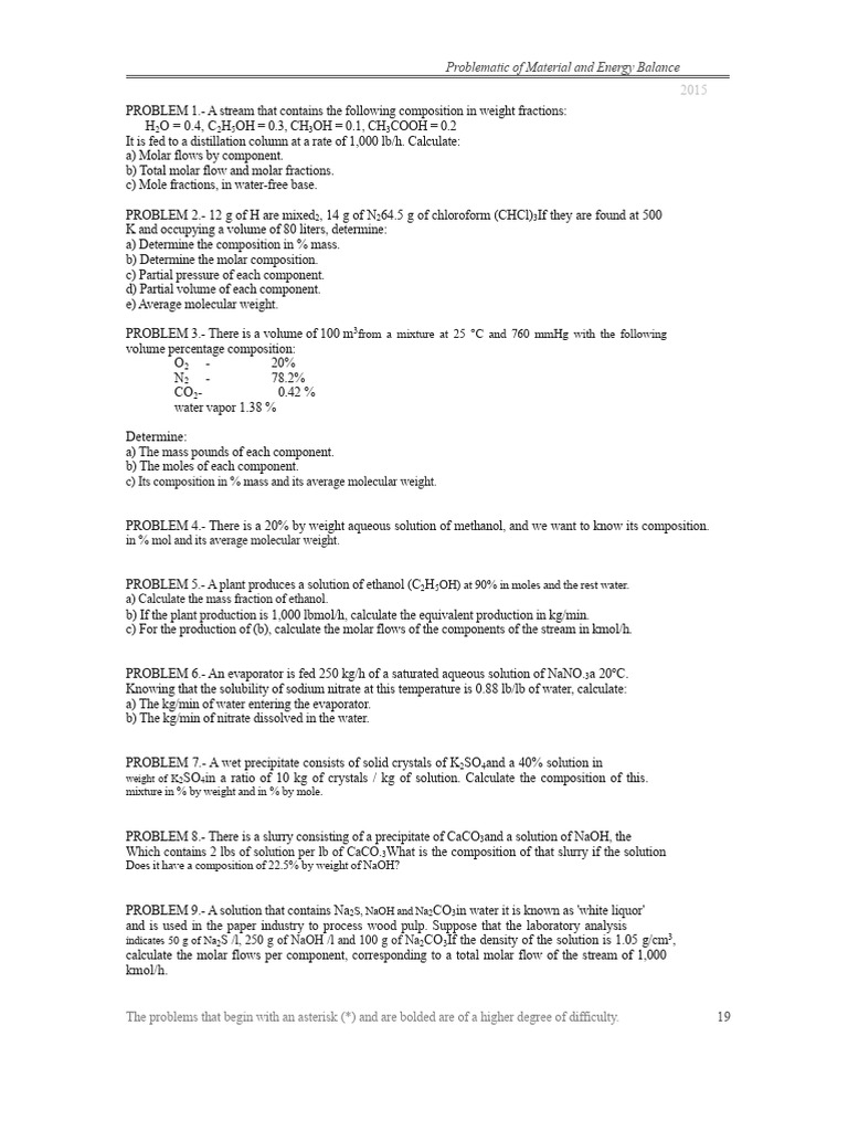 Problem Set On Material and Energy Balance | PDF | Distillation | Water