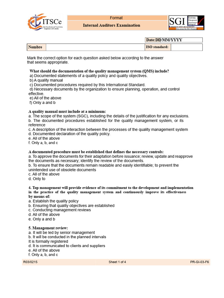 Internal Auditor Exam | PDF | Audit | Quality Management