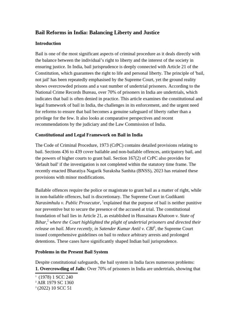 Bail Reforms in India Article Bluebook Polished | PDF | Bail | Criminal ...