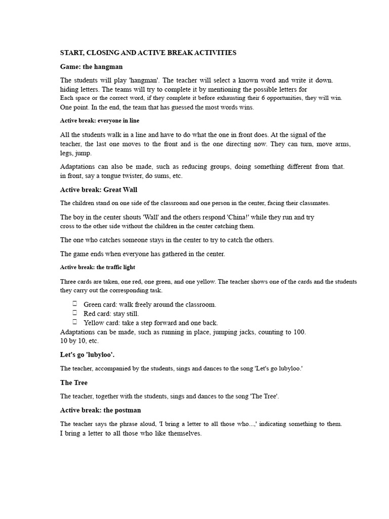 Start, Closing, and Active Break Activities | PDF