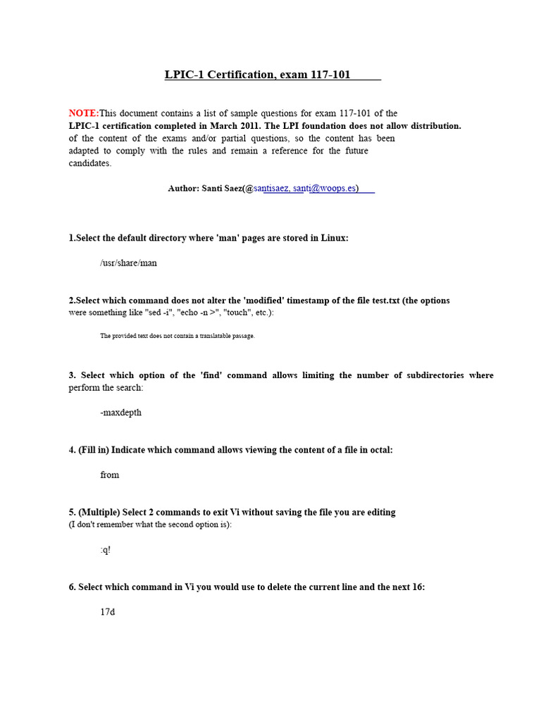 LPIC-1 Exam 117-101 Sample Questions | PDF | Computer File | Data ...