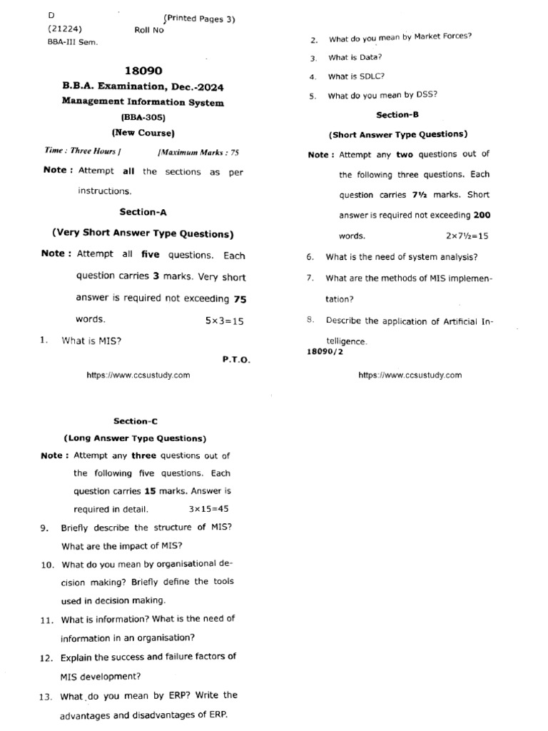 Bba 3 Sem Management Information System 18090 Dec 2024 | PDF