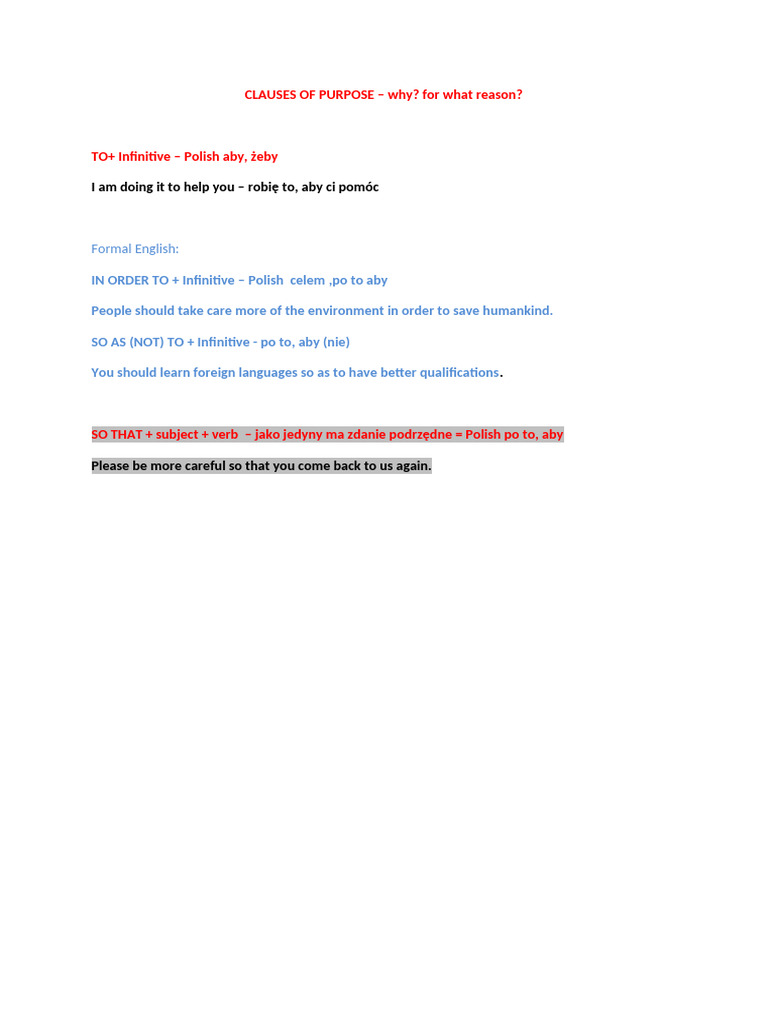 Understanding Purpose Clauses in English | PDF