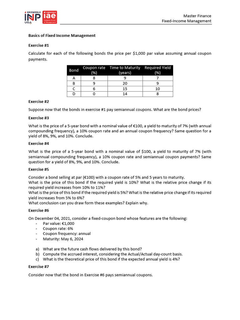 Fixed-Income Management Exercises Guide | PDF | Bonds (Finance) | Yield ...