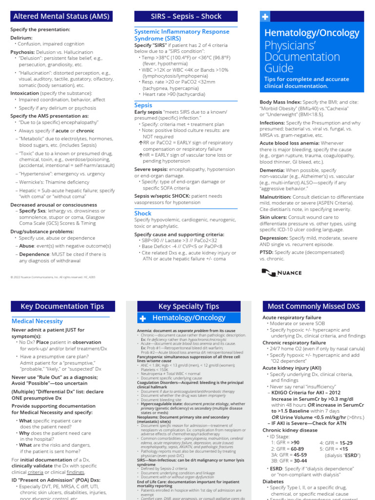 CDI Physician PocketCard-Hema Onco | PDF | Sepsis | Hallucination