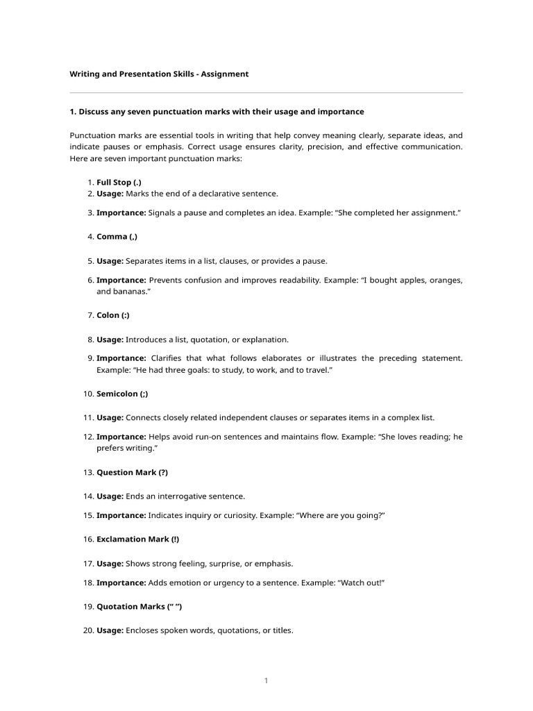 Writing Presentation Skills Assignment | PDF | Punctuation | Sentence ...