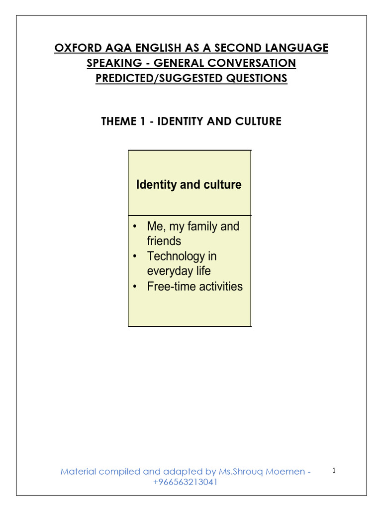 AQA ESL Speaking Questions Guide | PDF