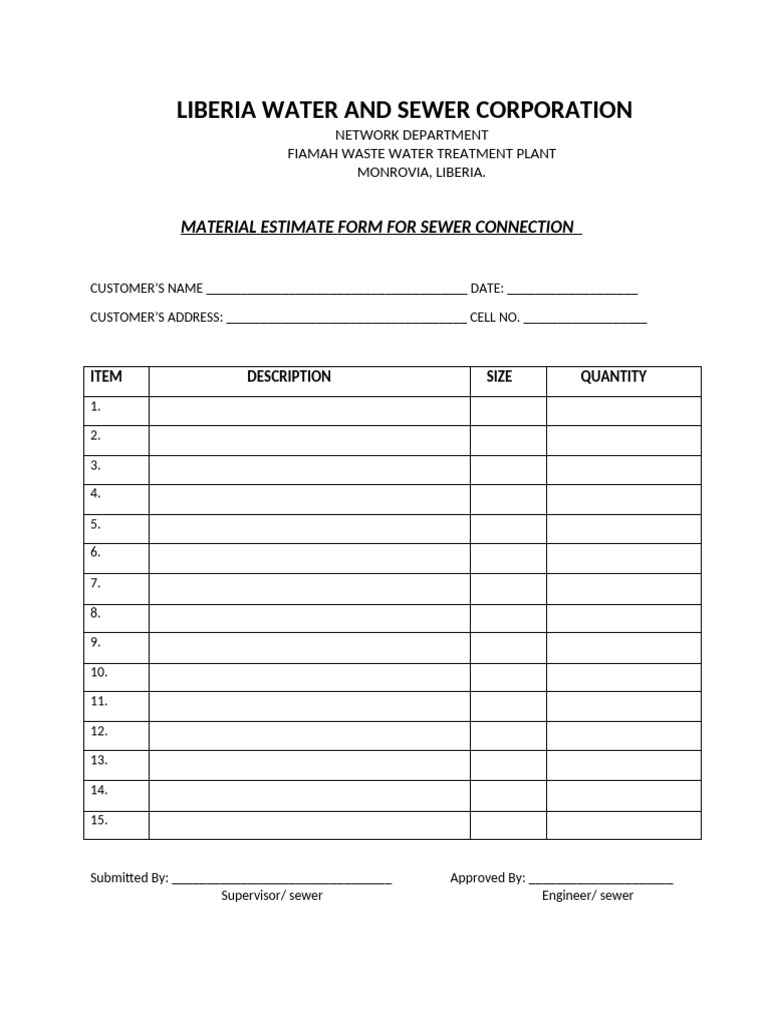 Material Estimate Form, SEWER | PDF