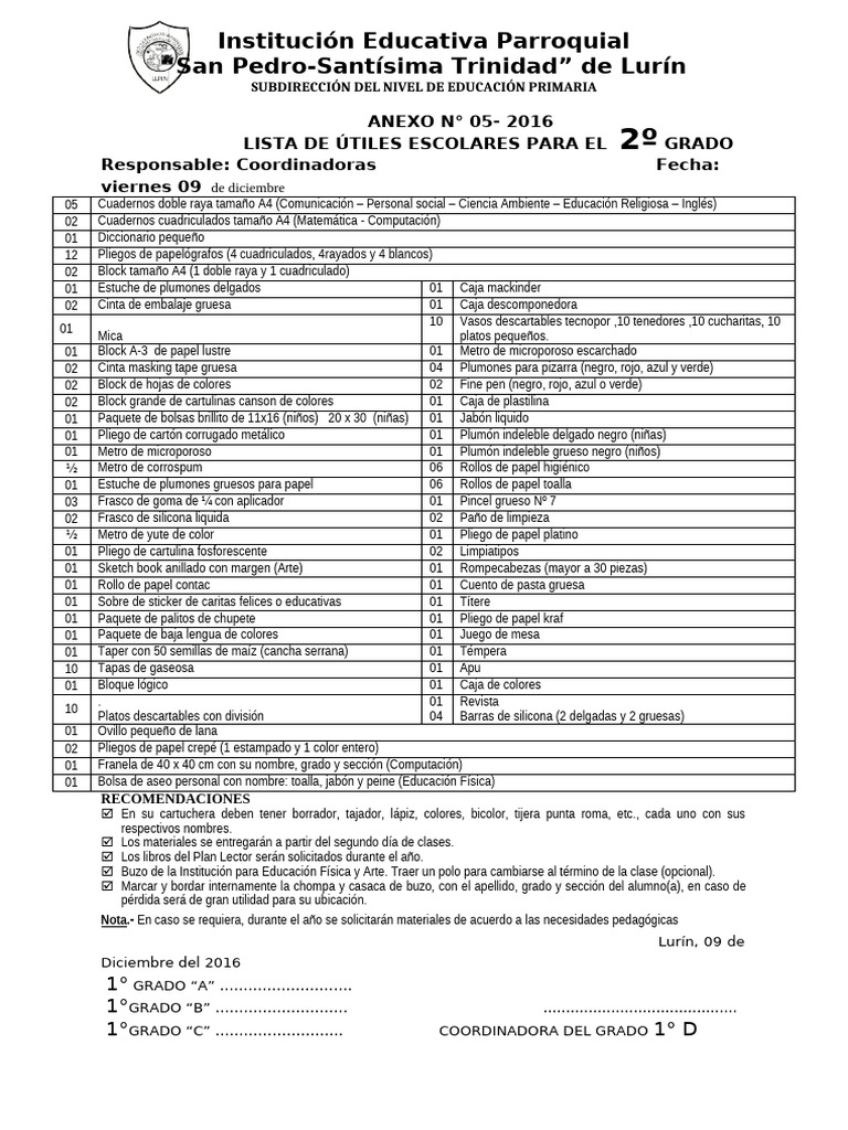 Lista de Útiles Escolares 2016 | PDF | Papel | Materiales de impresión