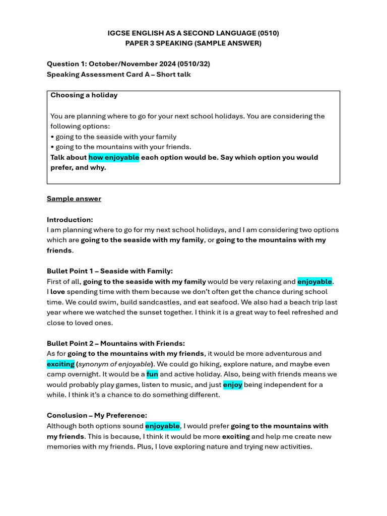 IGCSE Speaking Sample Answers | PDF | Learning | Human Communication