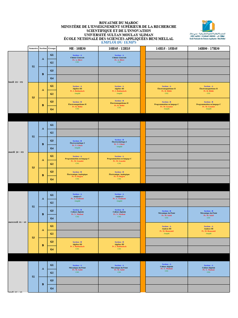 Emploi du temps des cours S1 et S3 | PDF
