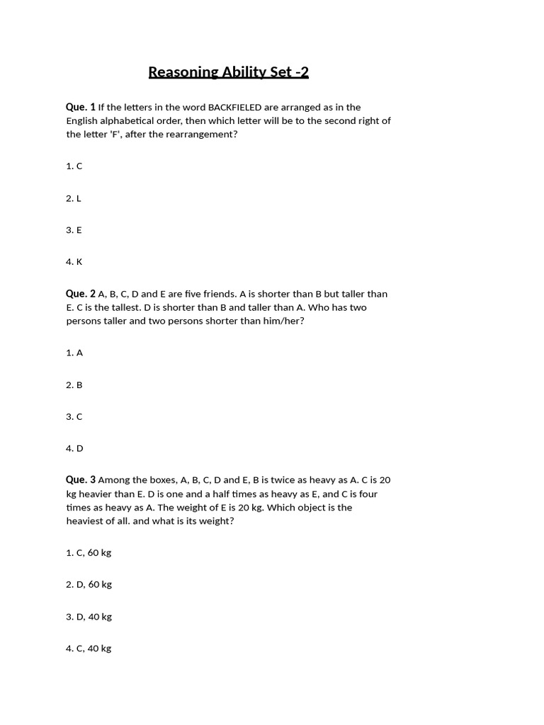 Reasoning Ability Questions Set 2 | PDF