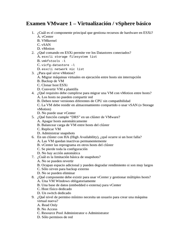 Examen Básico de VMware vSphere | PDF | V Mware | Software del sistema
