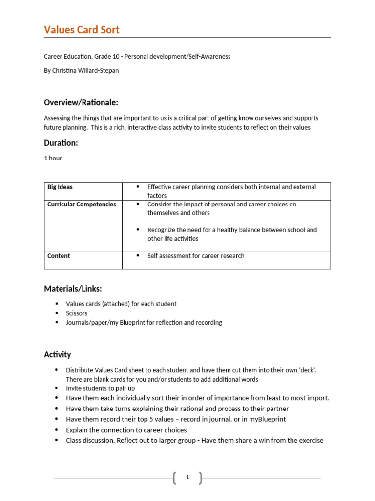 Values Card Sort Activity for Careers | PDF | Value (Ethics) | Leadership