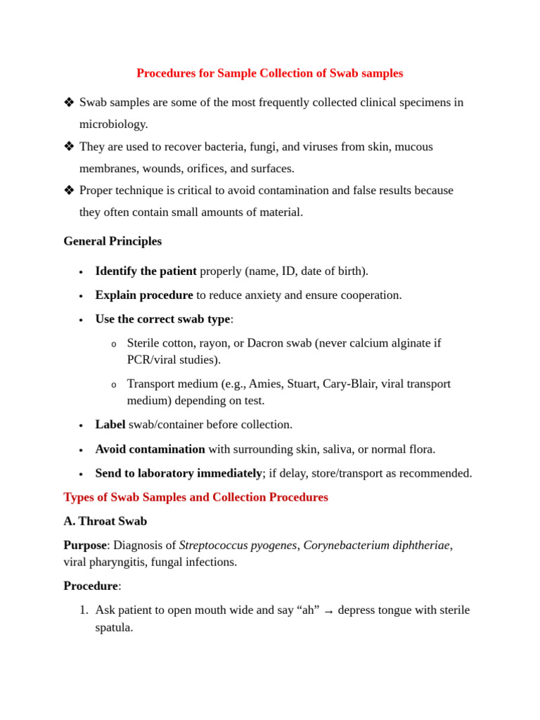 Sample Collection of Swab Samples | PDF | Microbiology | Medical ...