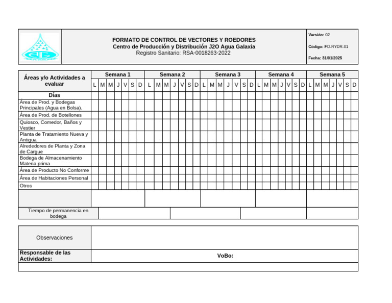 FO-RYDR-01 Formato Control de Plagas y Roedores - Septiembre 2025 | PDF