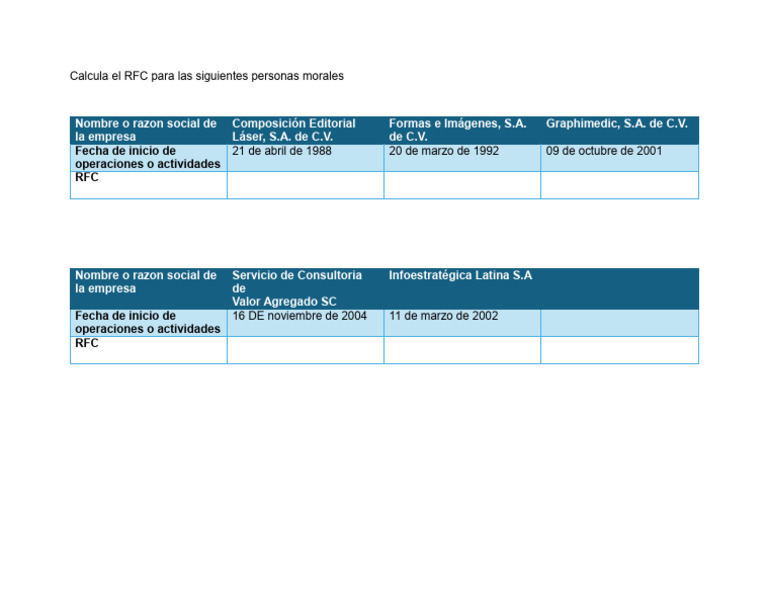 Calculo RFC Personas Morales Formato en Blanco | PDF