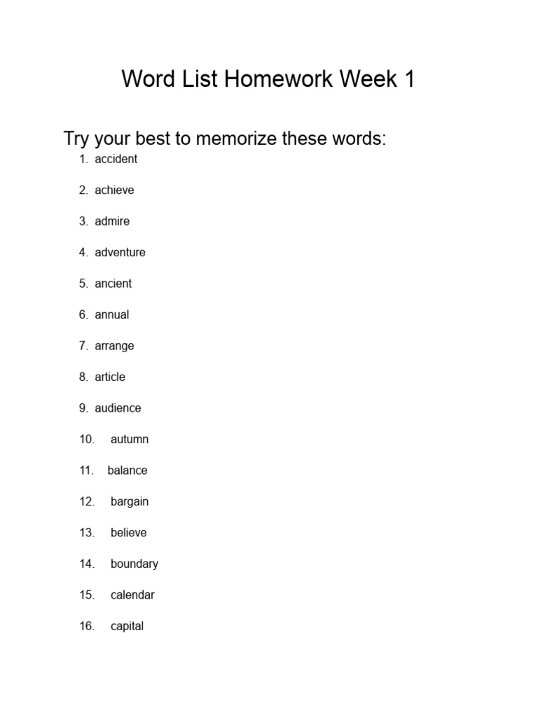Word List Homework Week 1 | PDF
