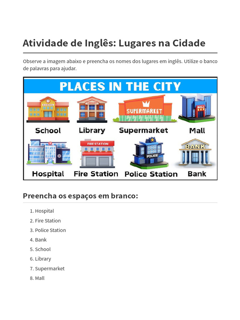 Atividade: Lugares da Cidade em Inglês | PDF