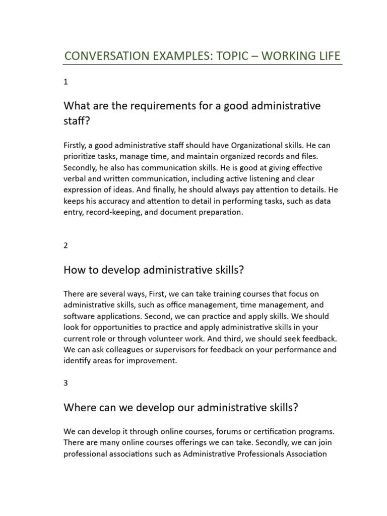 Conversation Examples (Topic - Working Life) | PDF