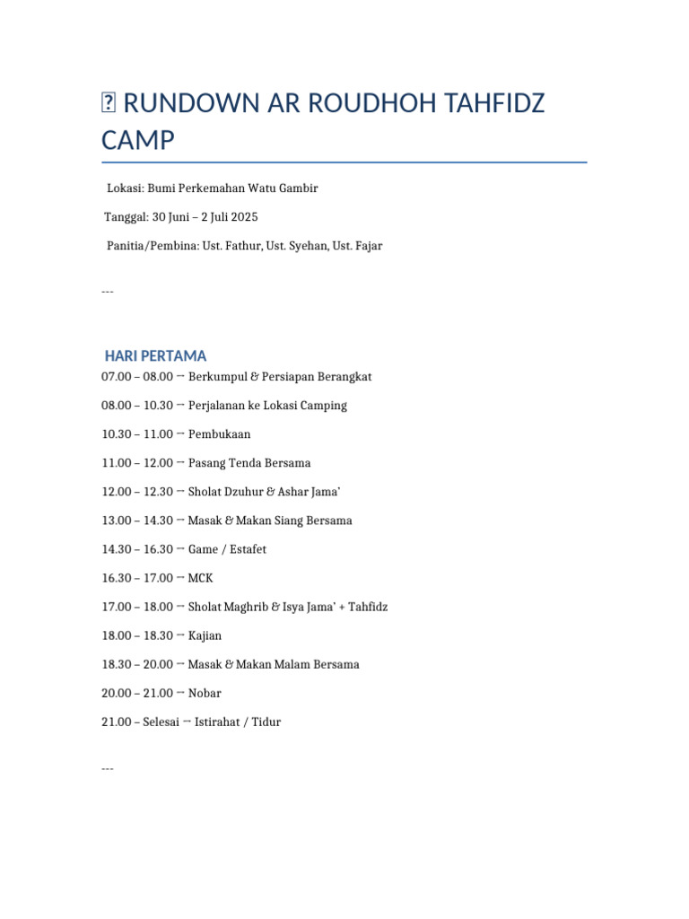 Rundown Camp Tahfidz Ar Roudhoh 2025 | PDF
