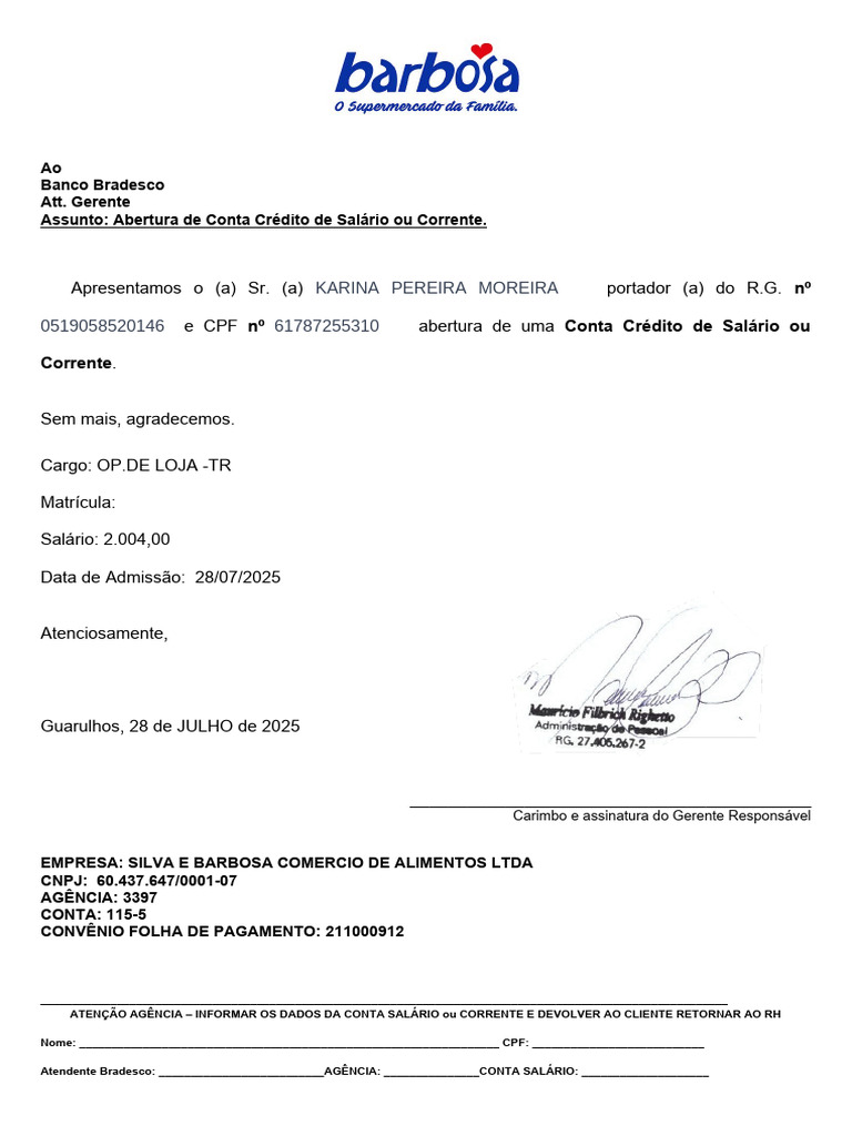 Carta Abertura de Conta Loja 43 - Karina | PDF