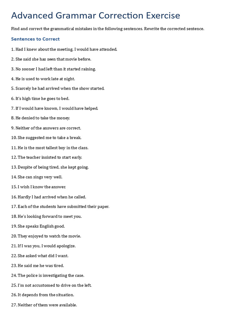 Grammar Correction Exercise Guide | PDF | Verb | Linguistic Morphology