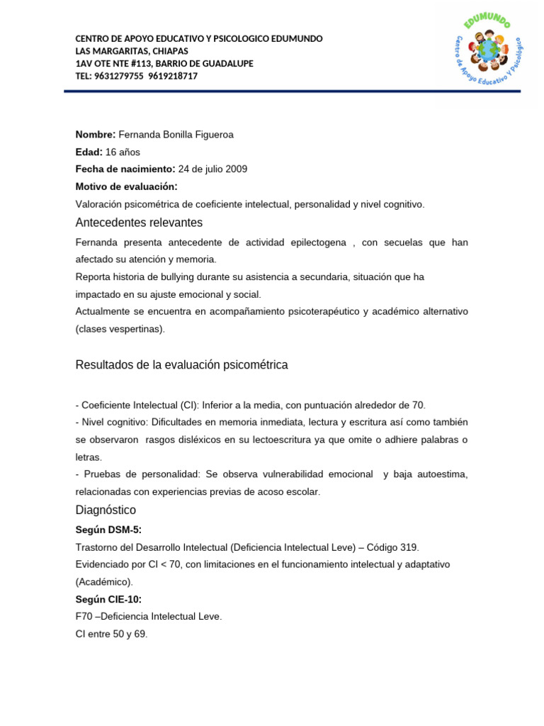 Informe Fernanda Bonilla | PDF | Cociente de inteligencia | Conceptos ...