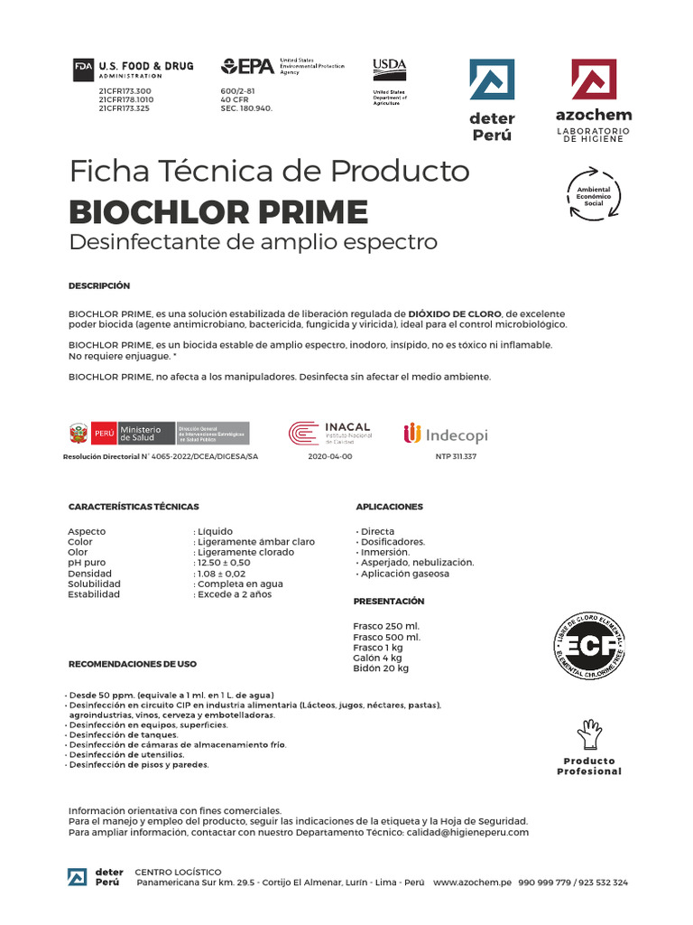 Desinfectante Biochlor Prime 250ml | PDF | Agua | Cloro