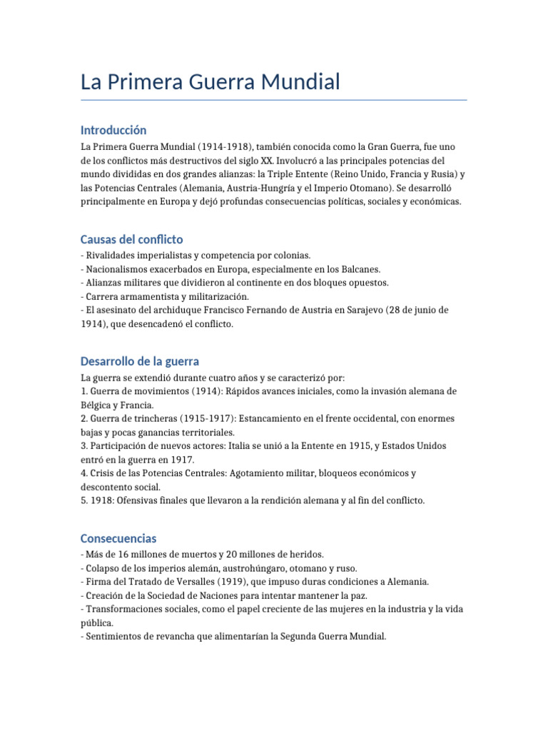 Causas y Consecuencias de la Primera Guerra Mundial | PDF