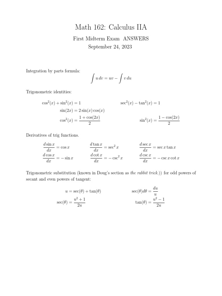 Math162 F23exam1 Solutions | PDF | Trigonometric Functions | Trigonometry