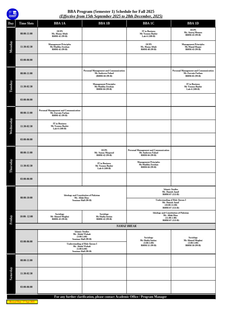 BBA Program Classes Schedule For Fall 2025. | PDF