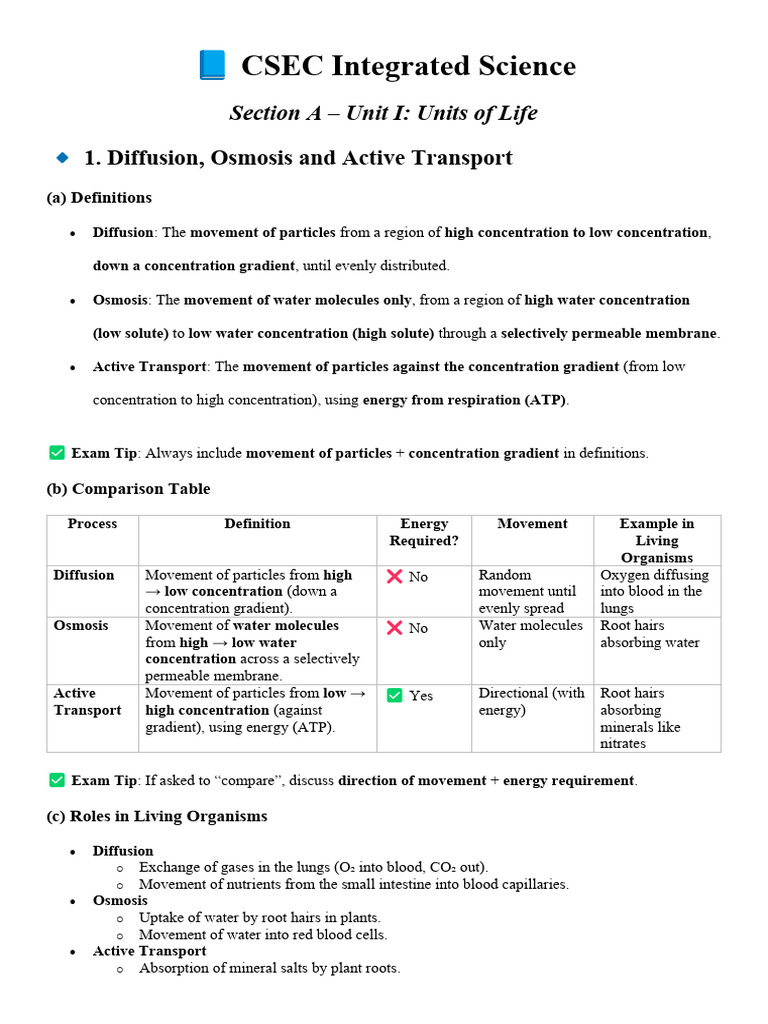 Inte Science - Section A Unit 1 | PDF | Cell (Biology) | Osmosis
